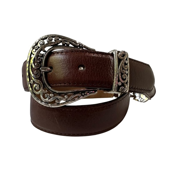 Genuine Vintage BRIGHTON Brown Leather With Etched Metal Concho Belt Size 32 main image 4